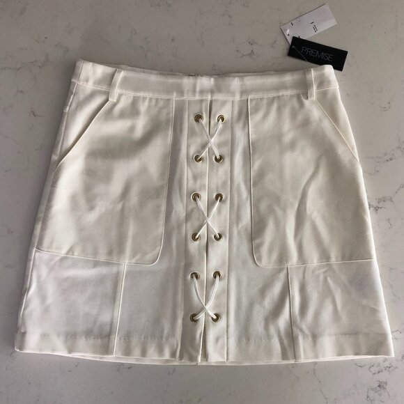 Premise Rayon/Nylon Blend Mini Skirt w Lace Up Design & Pockets Off White Sz 6 - Picture 10 of 10